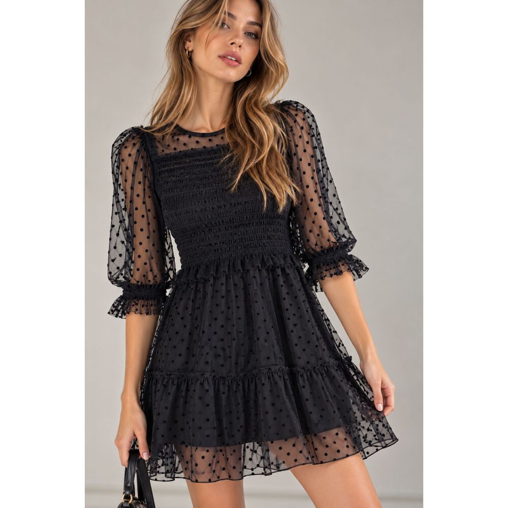 GAP S Black Swiss Dot Smocked Puff Sleeve Mini Dress Coquette Gothic Romantic